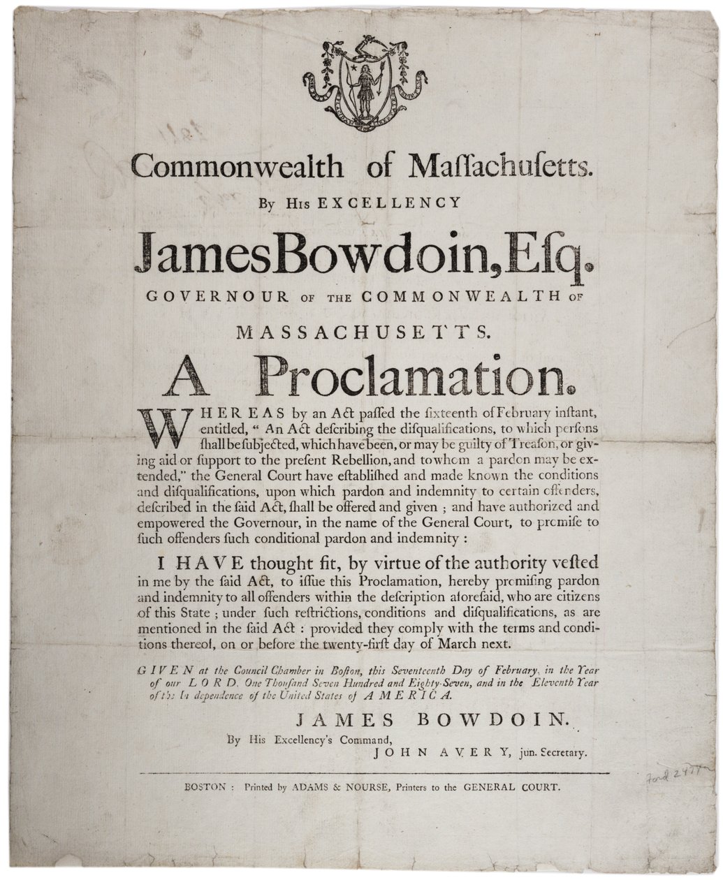 Julistus: armahdustarjous shayss-kapinallisille, 17. helmikuuta 1787 tekijältä American School