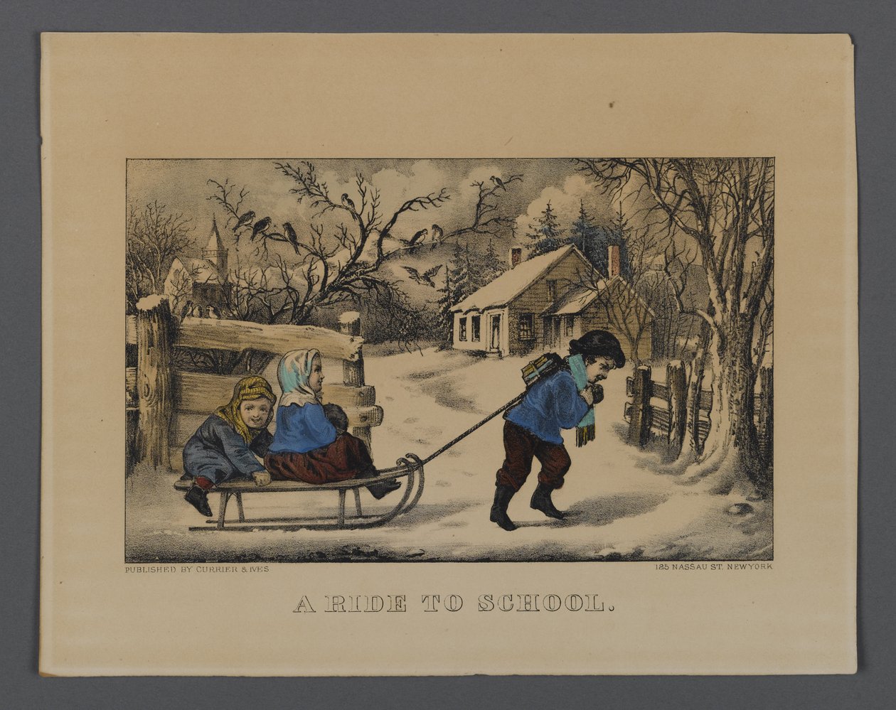 A Ride to School, julkaisija Currier & Ives, New York (käsinvärinen lito) tekijältä American School