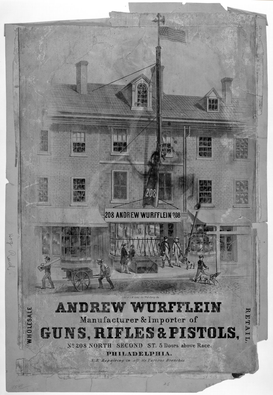 Mainonta, Andrew Wurfflin. Gun Maker, Philadelphia, n. 1850 tekijältä American School