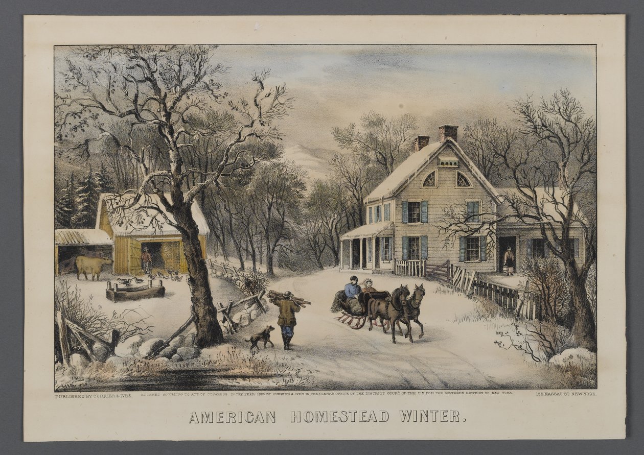 American Homestead in Winter, julkaisija Currier & Ives, New York, 1868-69 (käsinvärinen litho) tekijältä American School