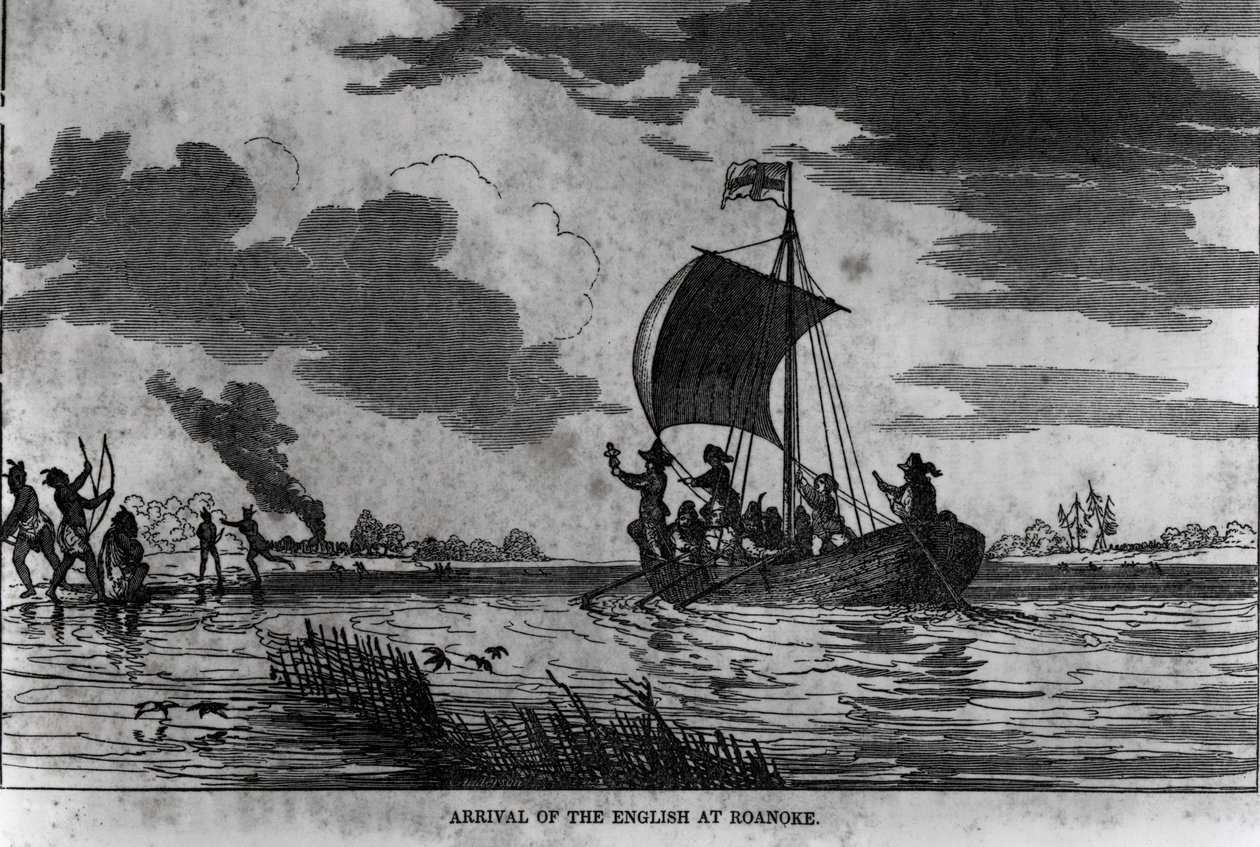 Englantilaisten saapuminen Roanokeen, 1587, Justin Winsorin "Amerikan narratiivista ja kriittisestä historiasta", 1831 tekijältä American School