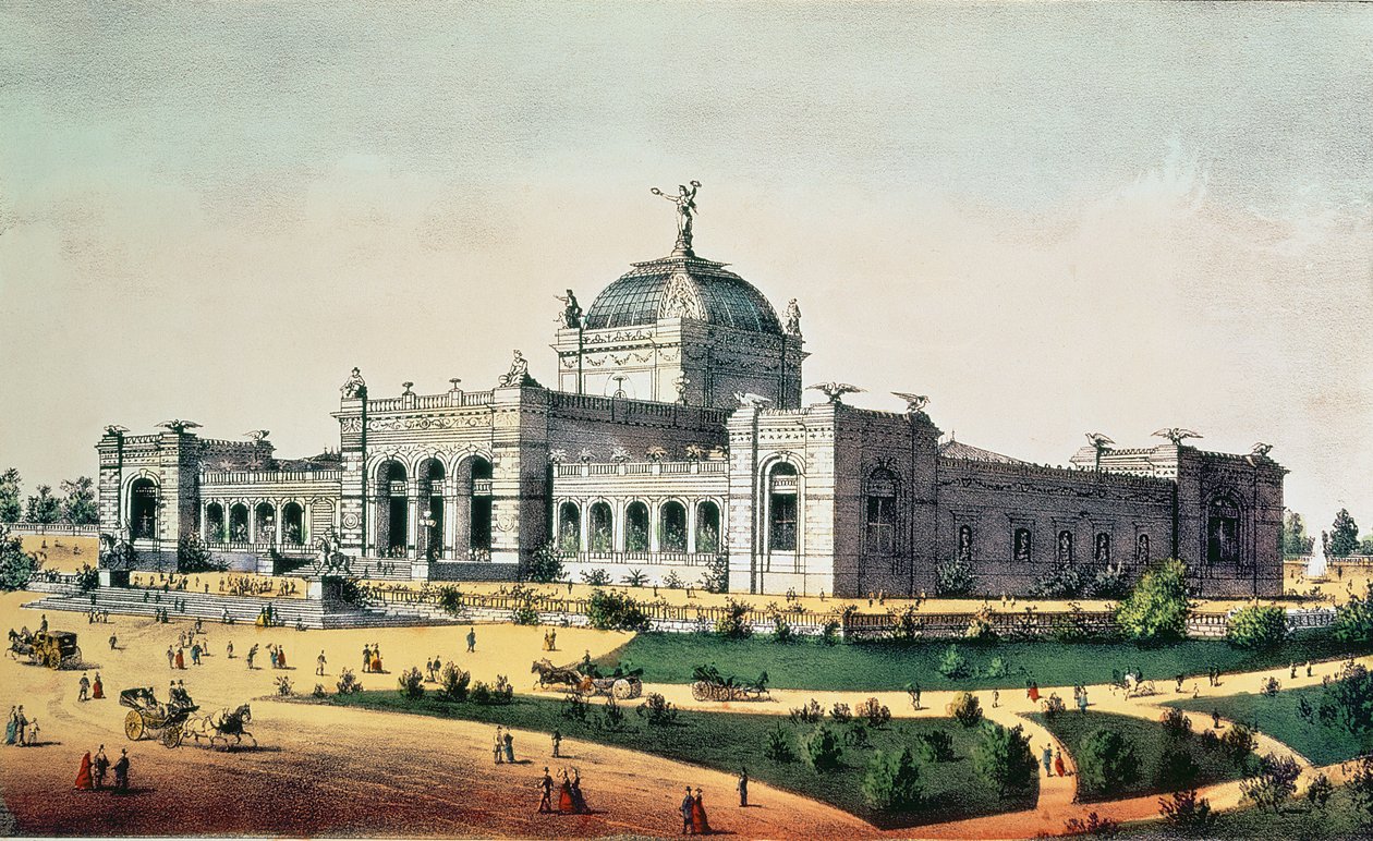 Art Gallery, Grand United States Centennial Exhibition, Fairmount Park, Philadelphia, 1876, pubi. kirjoittanut Currier und Ives tekijältä American School