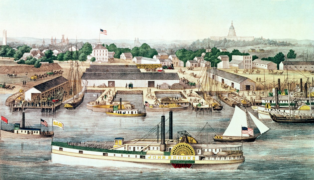 Lintuperspektiivistä Sixth Street Wharf, Washington D.C, Charles Magnus, 1863 tekijältä American School