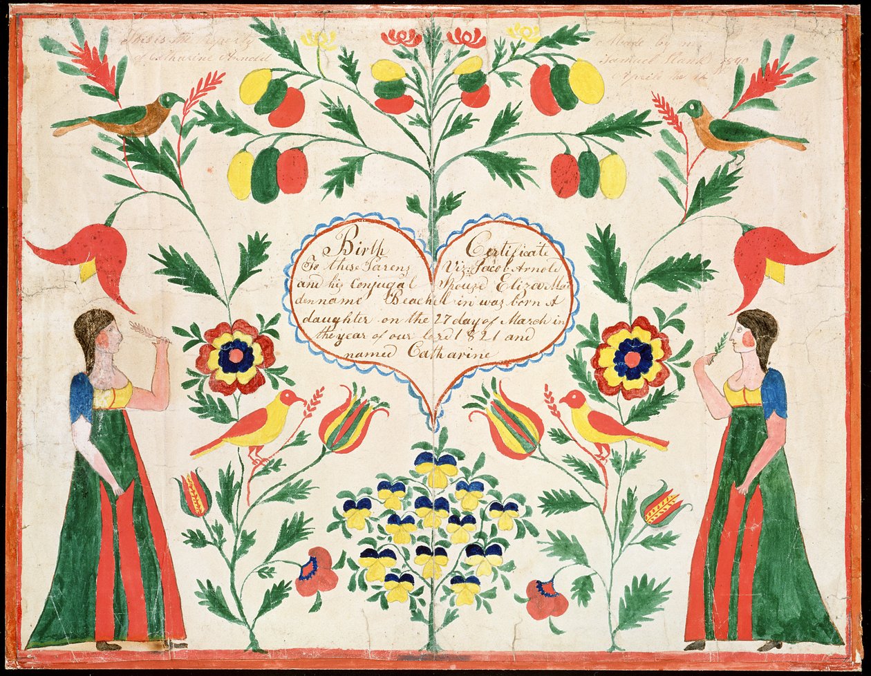 Syntymätodistus, 1821 (kynä & muste ja wc paperilla) tekijältä American School