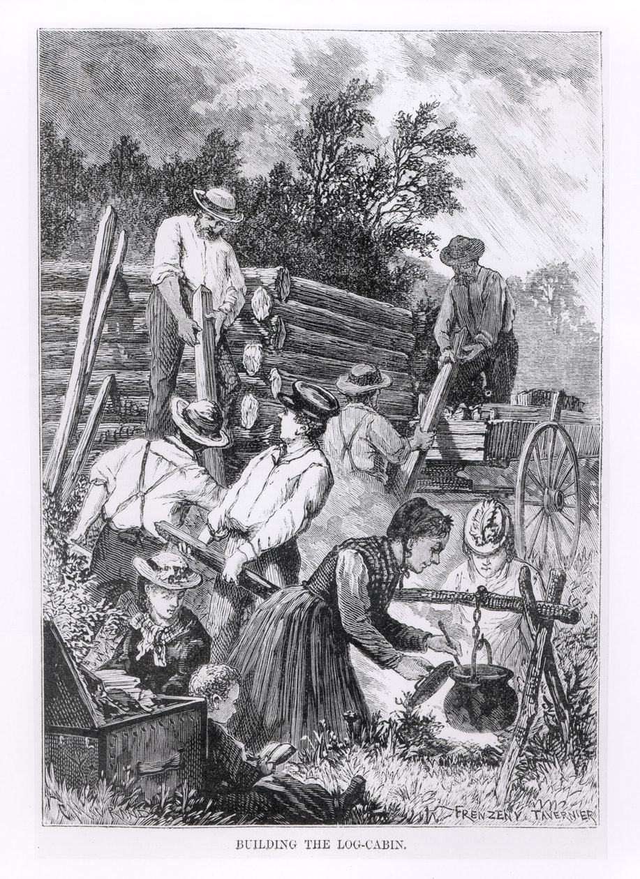 Hirsimökin rakentaminen, kaiverrus Charles Maurand tekijältä American School