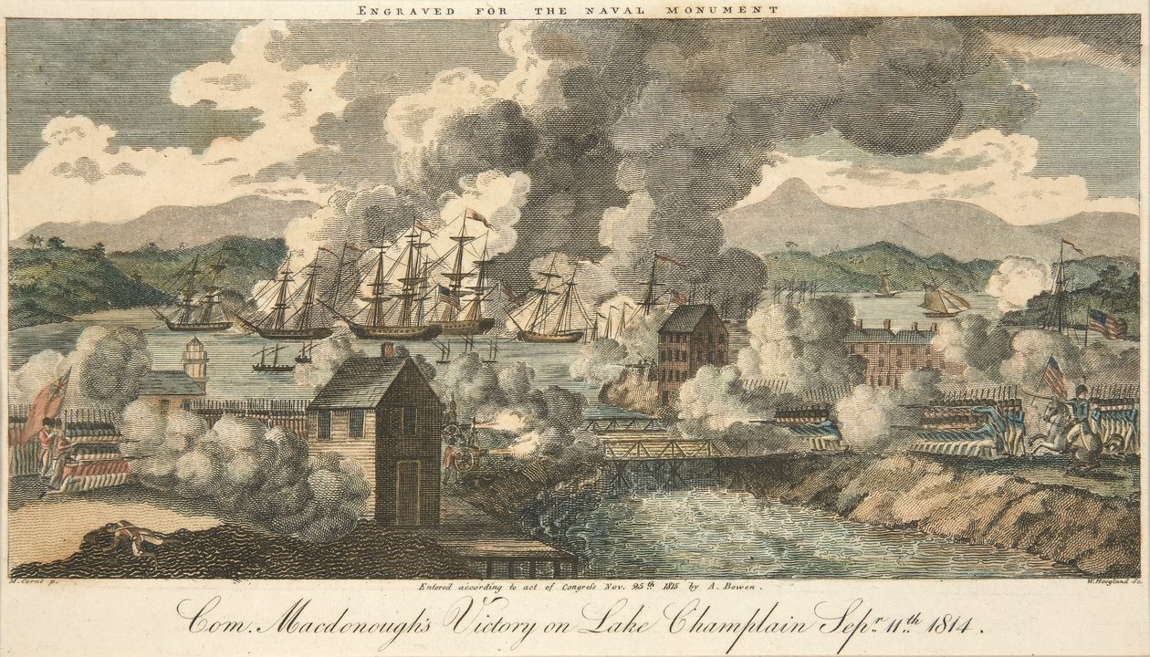 Com. Macdonoughin voitto Champlain-järvellä 11. syyskuuta 1814, pub. 1815 (käsinvärinen kaiverrus) tekijältä American School