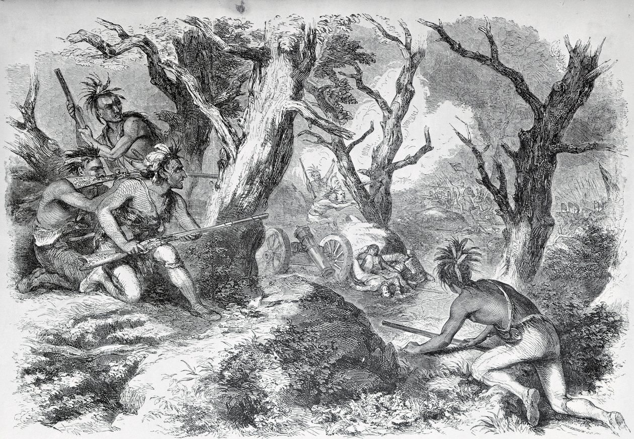 Kenraali Braddockin tappio Ranskan ja Intian sodassa Virginiassa vuonna 1755 teoksesta Ballou