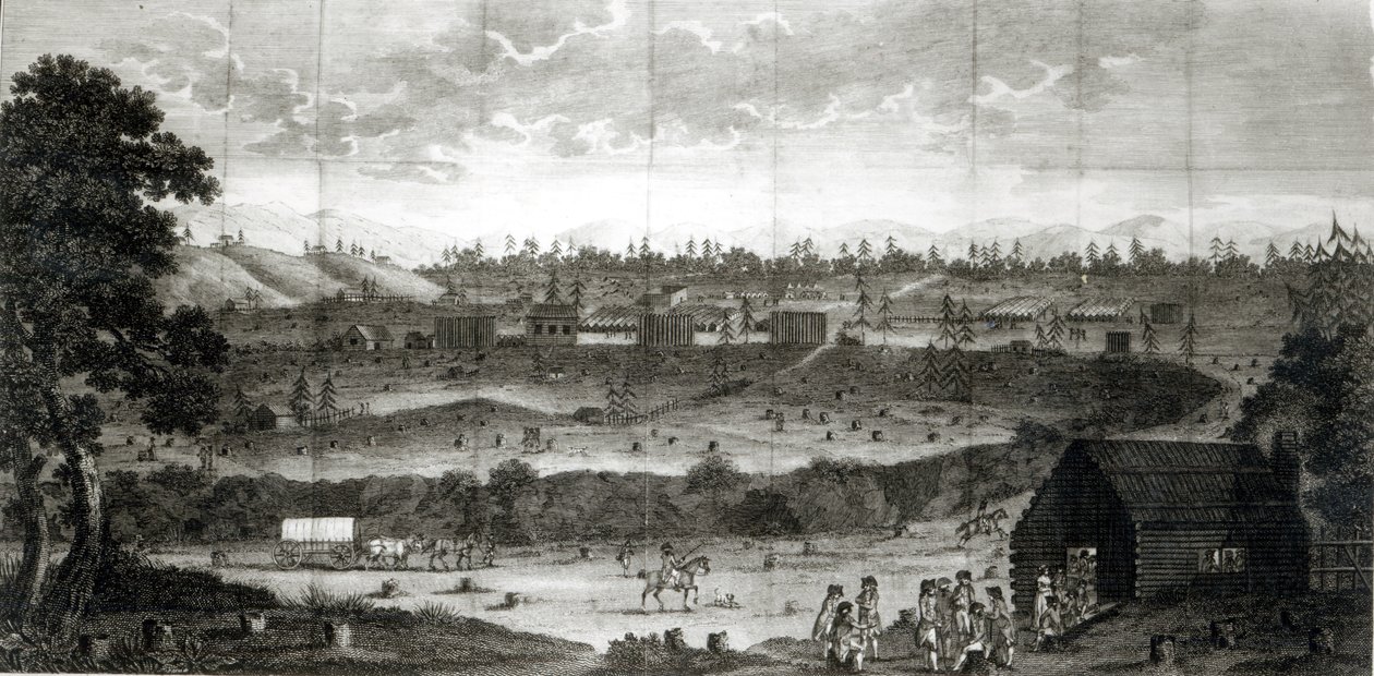 Kongressiarmeijan leiriytys, T. Anbury 1789:stä "Travels through the interior parts of America" tekijältä American School