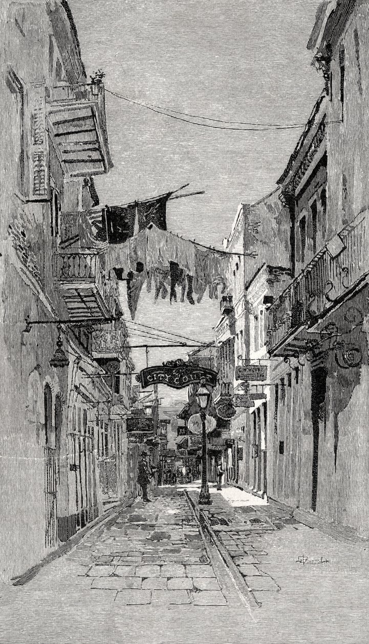 Exchange Alley katselee kohti Canal Streetiä, New Orleans, The Century Illustrated Monthly Magazine, toukokuusta lokakuuhun 1883 tekijältä American School