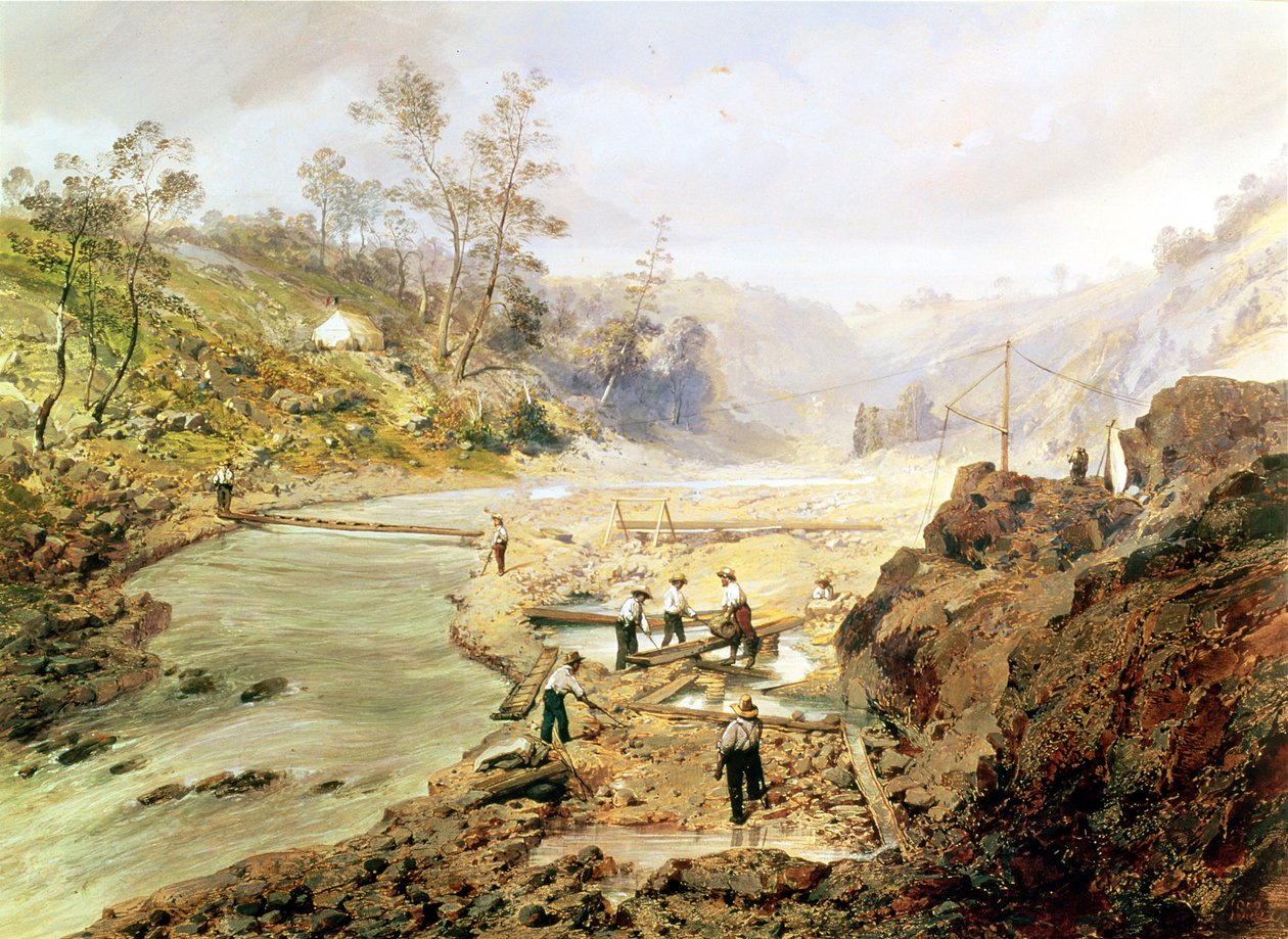"Forty Niners" pesee kultaa Calaveras-joelta, Kaliforniasta, 1858 tekijältä American School