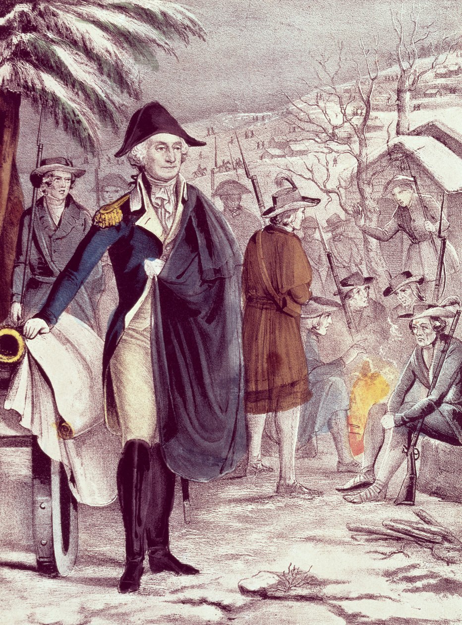 George Washington Valley Forgessa, joulukuussa 1777, kaivertanut Nathaniel Currier (1813-88) tekijältä American School