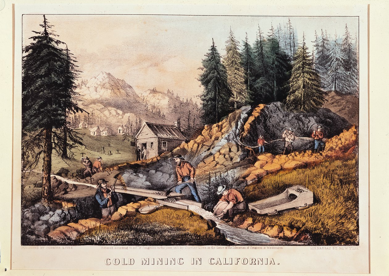 Gold Mining in California, julkaisija Currier und Ives, 1871 (katso myös 148180 ja 32910) tekijältä American School