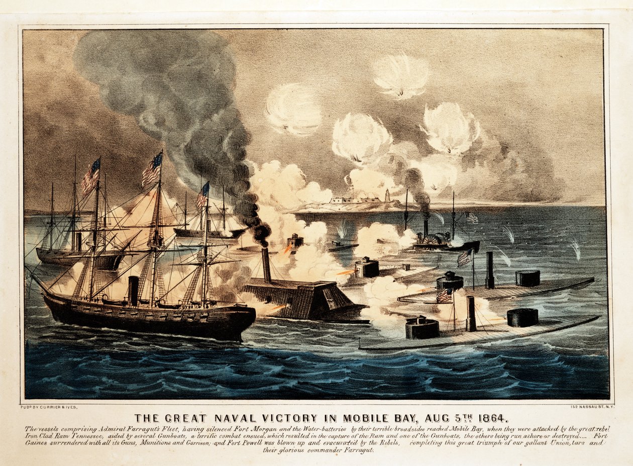 Great Naval Victory in Mobile Bay, 5. elokuuta 1864, pub. 1864, Currier & Ives, (värilitografia) tekijältä American School