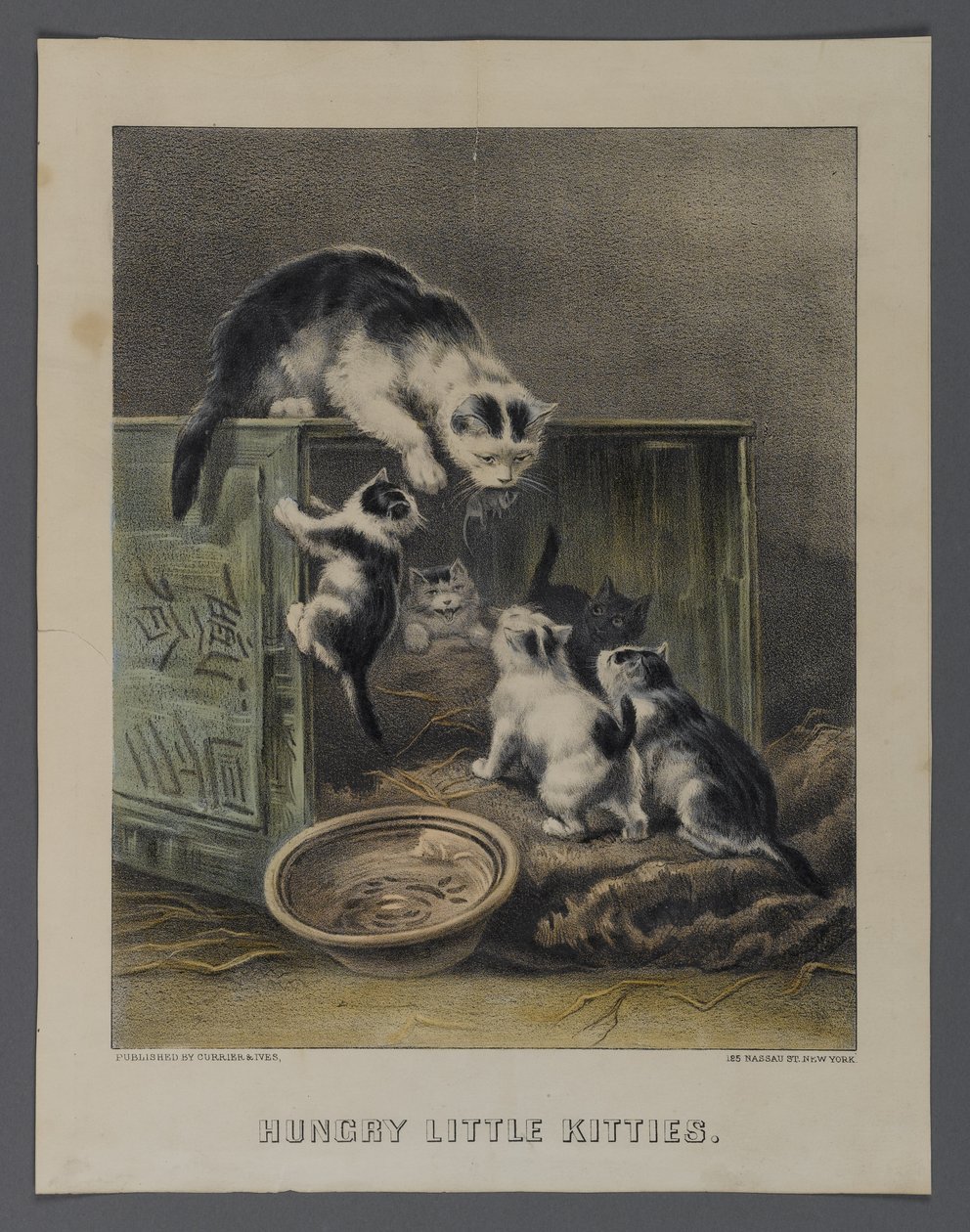 Hungry Little Kitties, julkaisija Currier & Ives, New York (käsinvärinen lito) tekijältä American School