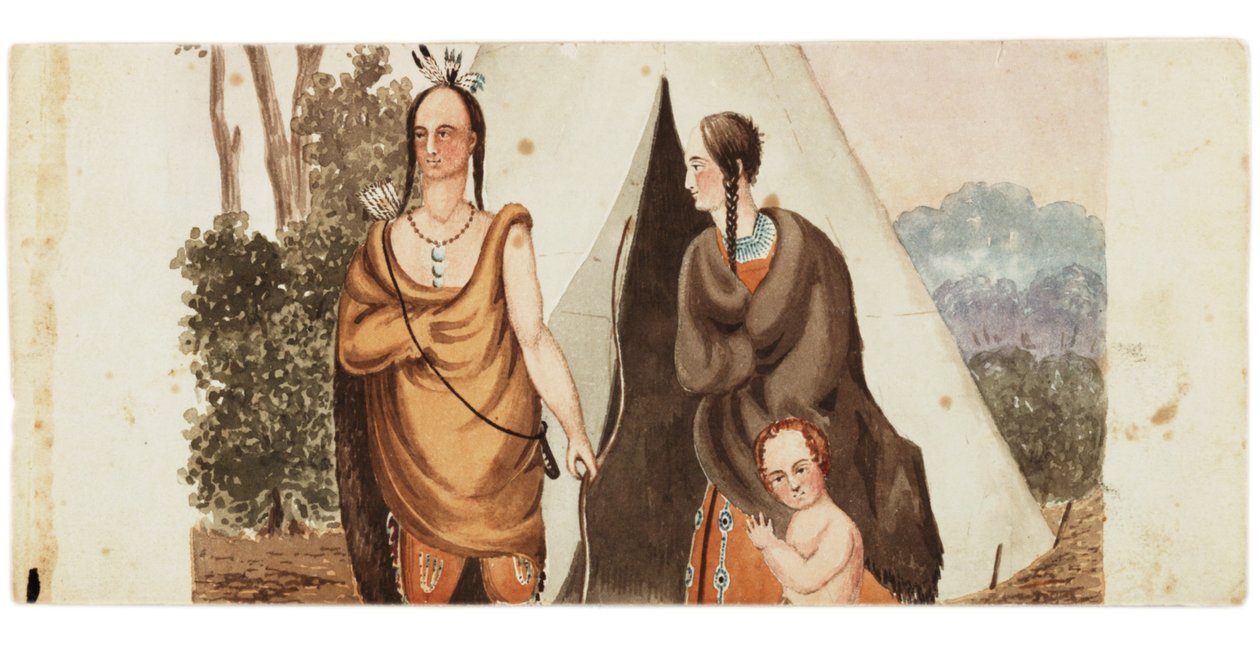 Intialainen perhe istuu Teepeen ulkopuolella, n. 1849 tekijältä American School