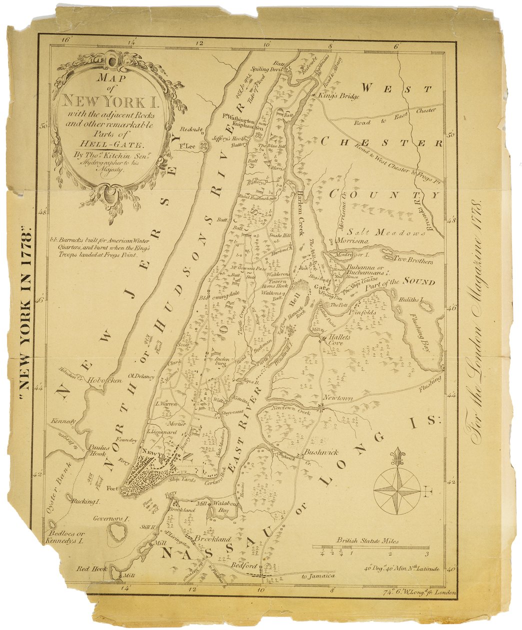 New Yorkin saaren kartta vierekkäisillä kivillä ja muilla Hell-gaten merkittävillä osilla, 1778 (musta muste paperilla) tekijältä American School