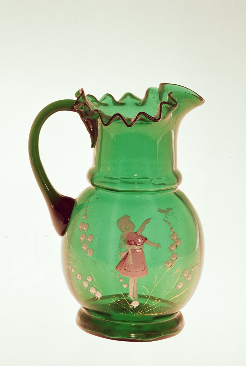 Mary Gregoryn vihreä kannu, jossa poltettu emalimaalaus lapsesta, mahdollisesti boheemi, 1800-luvun lopulla (lasi) tekijältä American School
