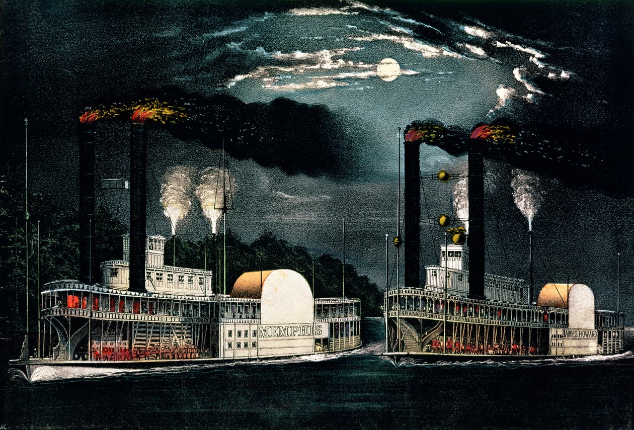 Midnight Race on the Mississippi, julkaisija Currier ja Ives tekijältä American School