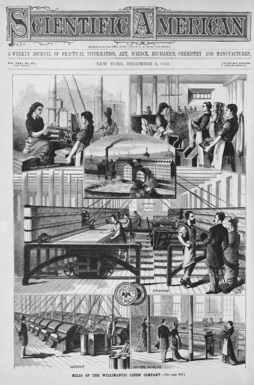 Mills of the Willimantic pellavayhtiö, kuvitus "Scientific American" -lehdestä 6. joulukuuta 1879 tekijältä American School