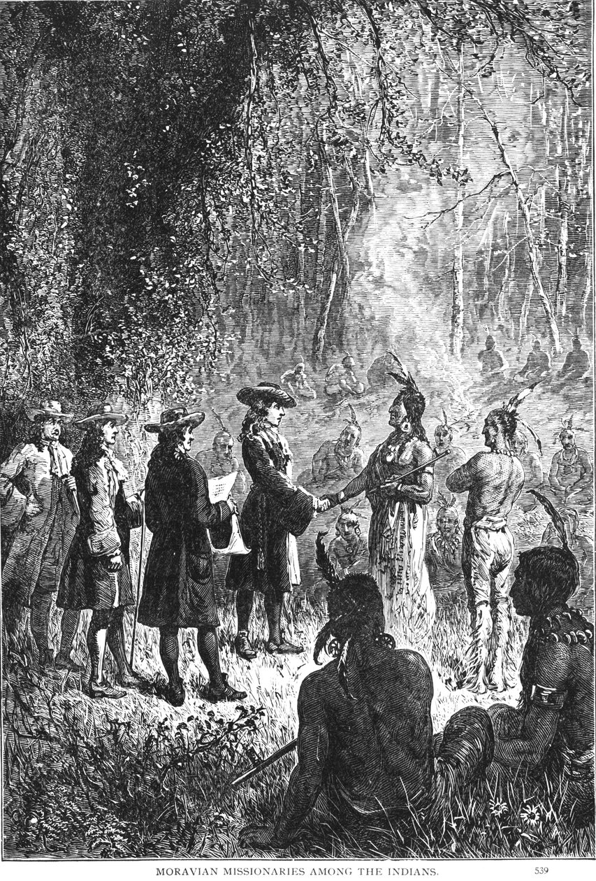 Moravian lähetyssaarnaajat intiaanien keskuudessa, Augustus L. Masonin teoksesta The Romance and Tragedy of Pioneer Life, 1883 tekijältä American School
