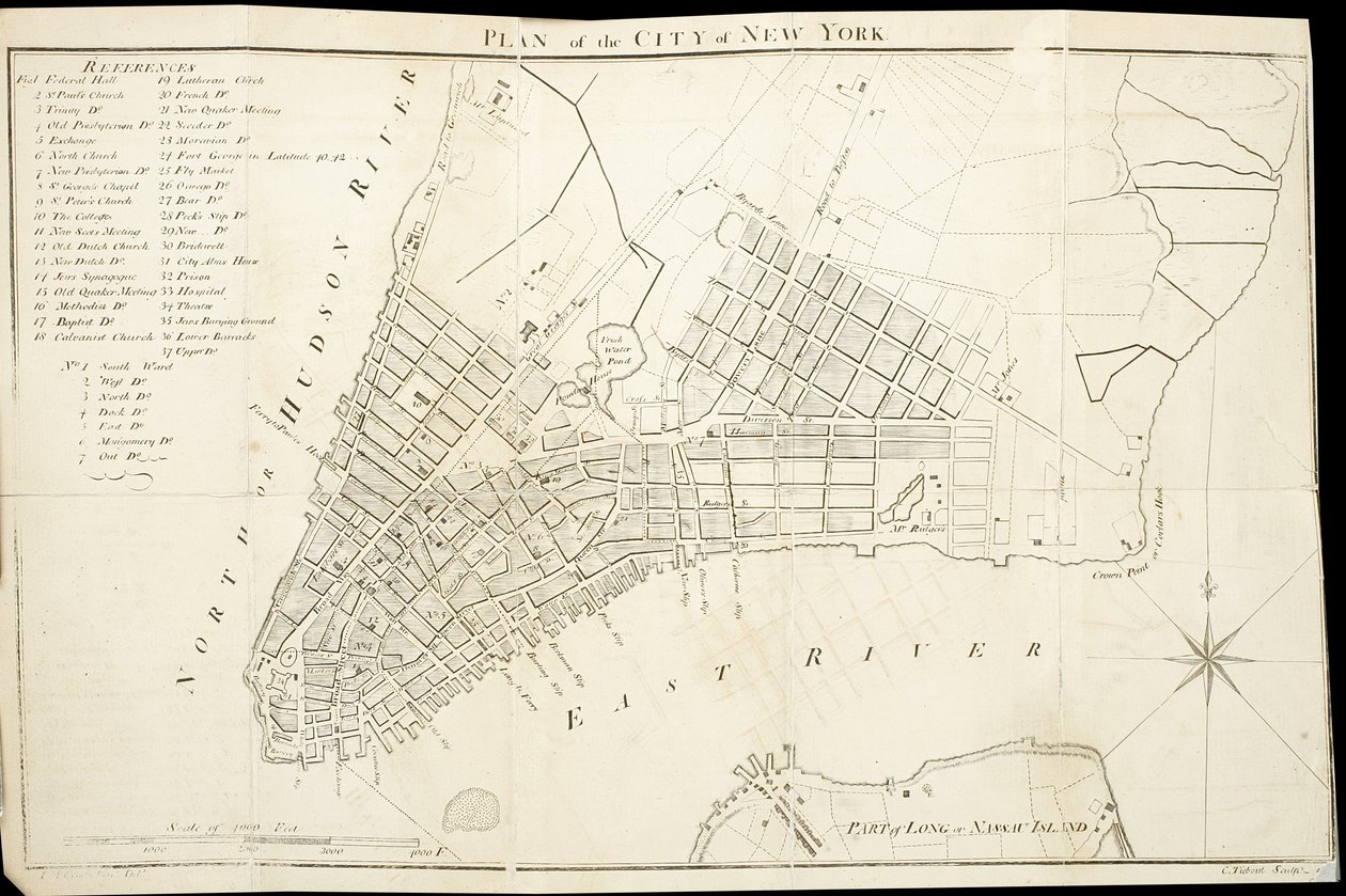 New Yorkin kaupungin kaava, kaiverrus Tiebout, 1789 (kaiverrus, muste paperille) tekijältä American School