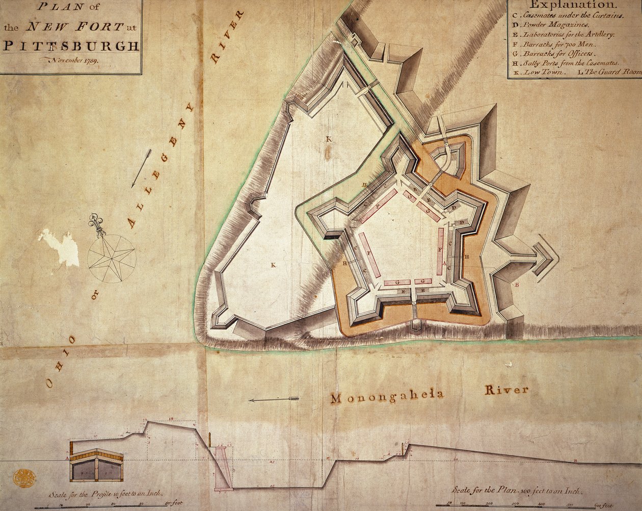 Pittsburghin uuden linnoituksen suunnitelma, marraskuu 1759 (käsinvärinen kaiverrus) tekijältä American School