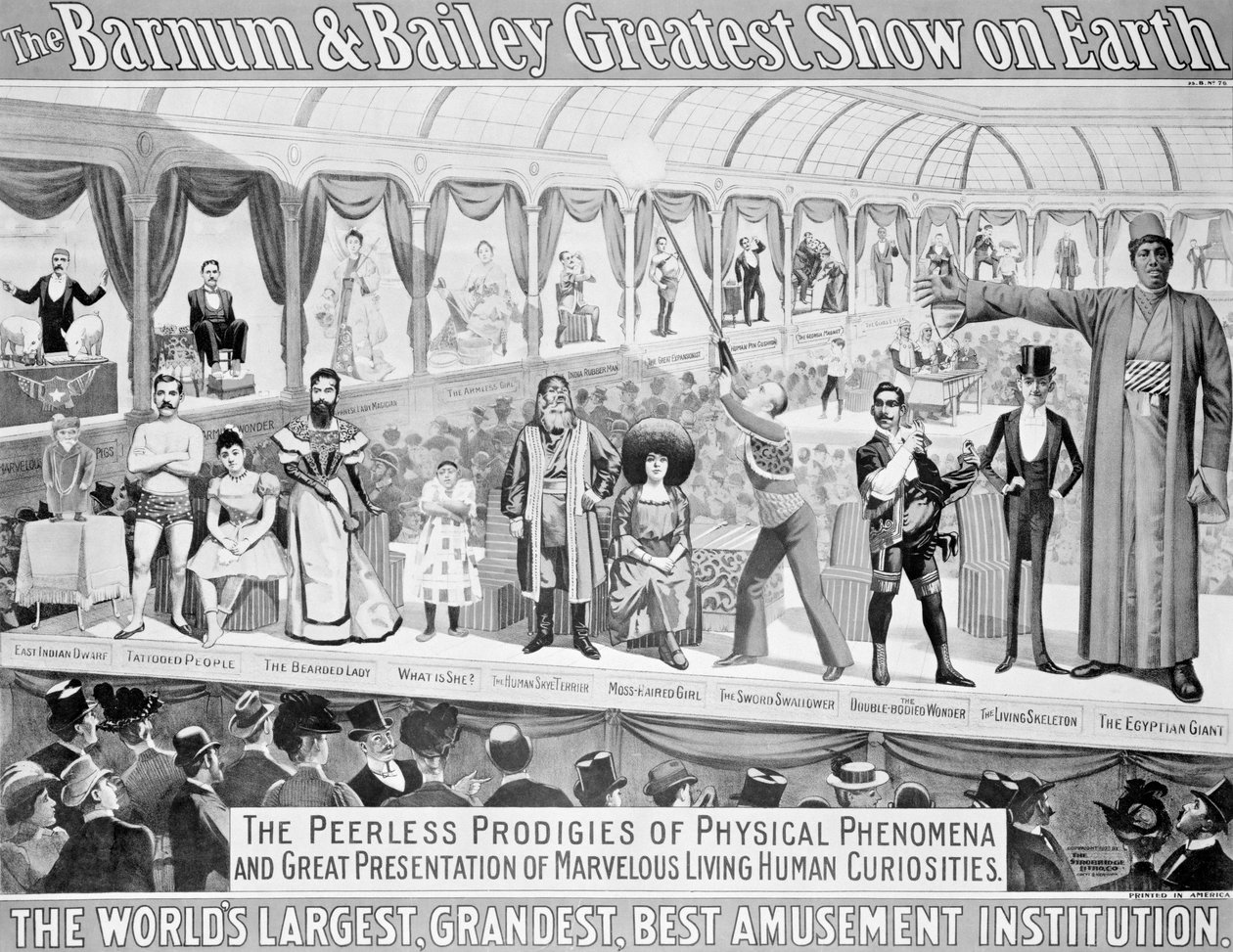 Julistemainonta, "Barnum ja Bailey Greatest Show on Earth, maailman mahtavin, suurin, paras huvilaitos", n. 1895 tekijältä American School