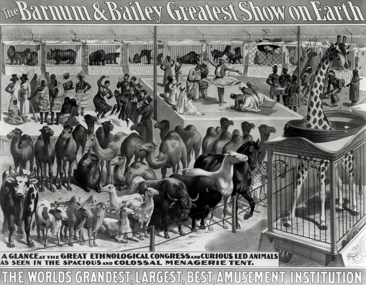 Julistemainonta, "Barnum ja Bailey Greatest Show on Earth, maailman mahtavin, suurin, paras huvilaitos", n. 1895 tekijältä American School