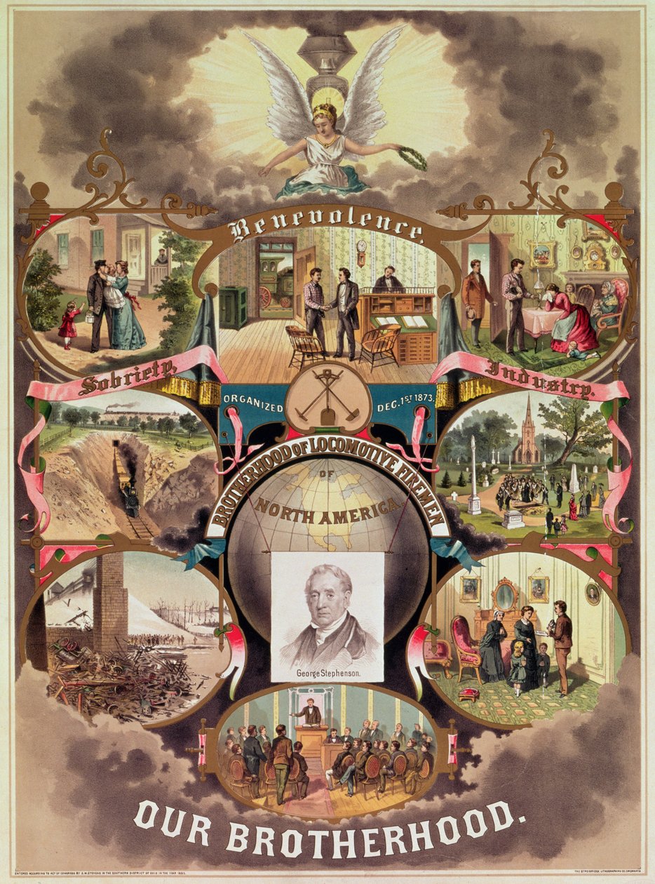 "Pohjois-Amerikan veturipalomiesten veljeskunnan" juliste, 1885 tekijältä American School