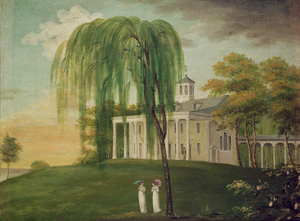 Presidentti George Washington (1732-99) talonsa kuistilla Mount Vernonissa tekijältä American School