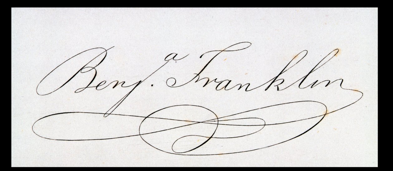 Benjamin Franklinin allekirjoitus (kynä ja muste paperille) tekijältä American School
