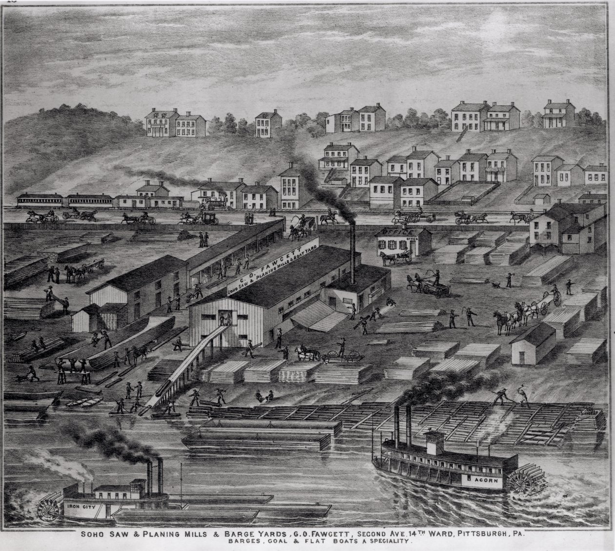 Soho Saw and Planing Mills and Barge Yards, G.O. Fawcett, Second Avenue, 14th Ward, Pittsburgh, PA, julkaisusta Illustrated Atlas of the Upper Ohio River, 1877 tekijältä American School