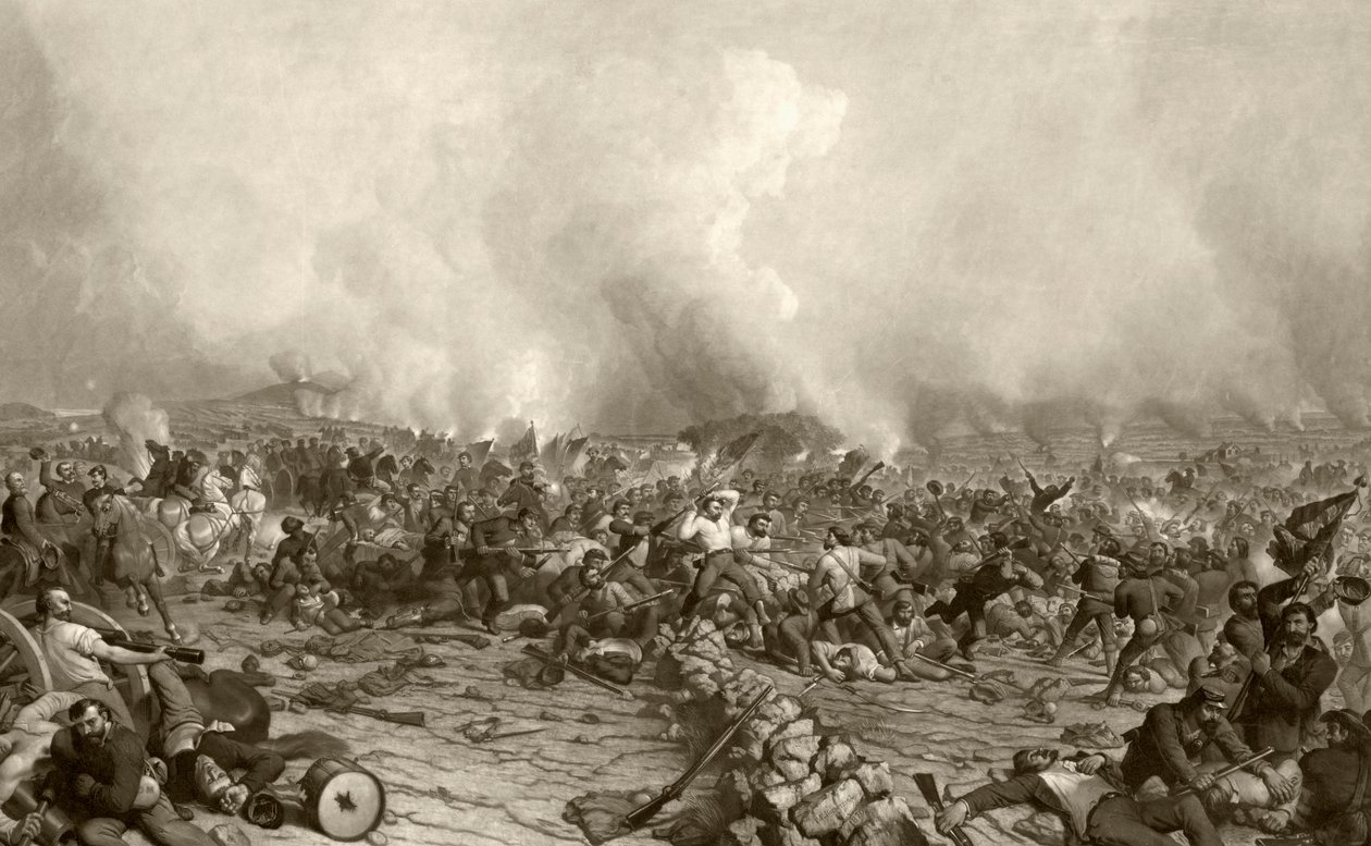 Gettysburgin taistelu John Sartainin P.F. maalaamasta 1800-luvun printin jälkeen. Rothermel tekijältä American School