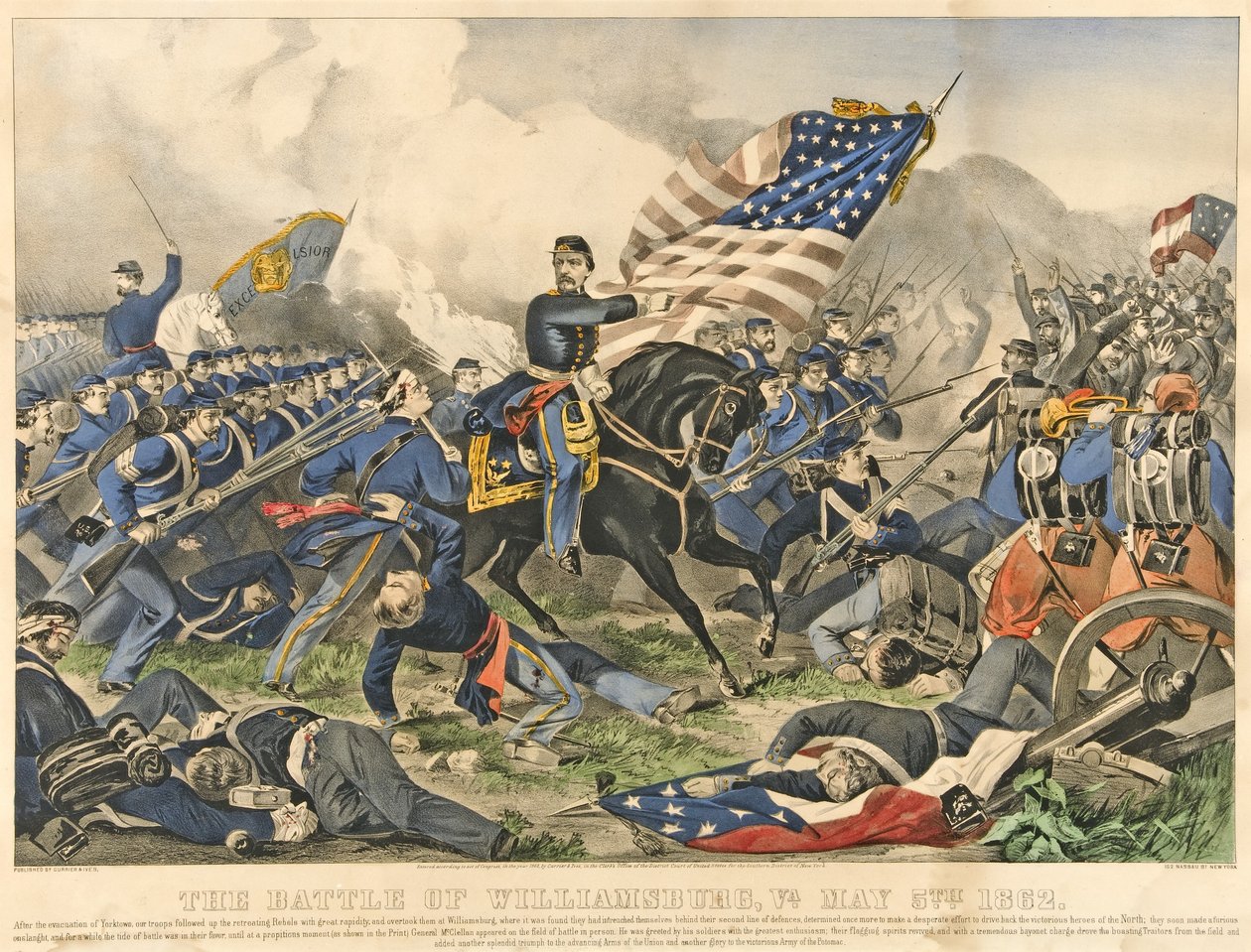 Williamsburgin taistelu, VA, 5. toukokuuta 1852, pubi 1862 (käsinvärinen kaiverrus) tekijältä American School