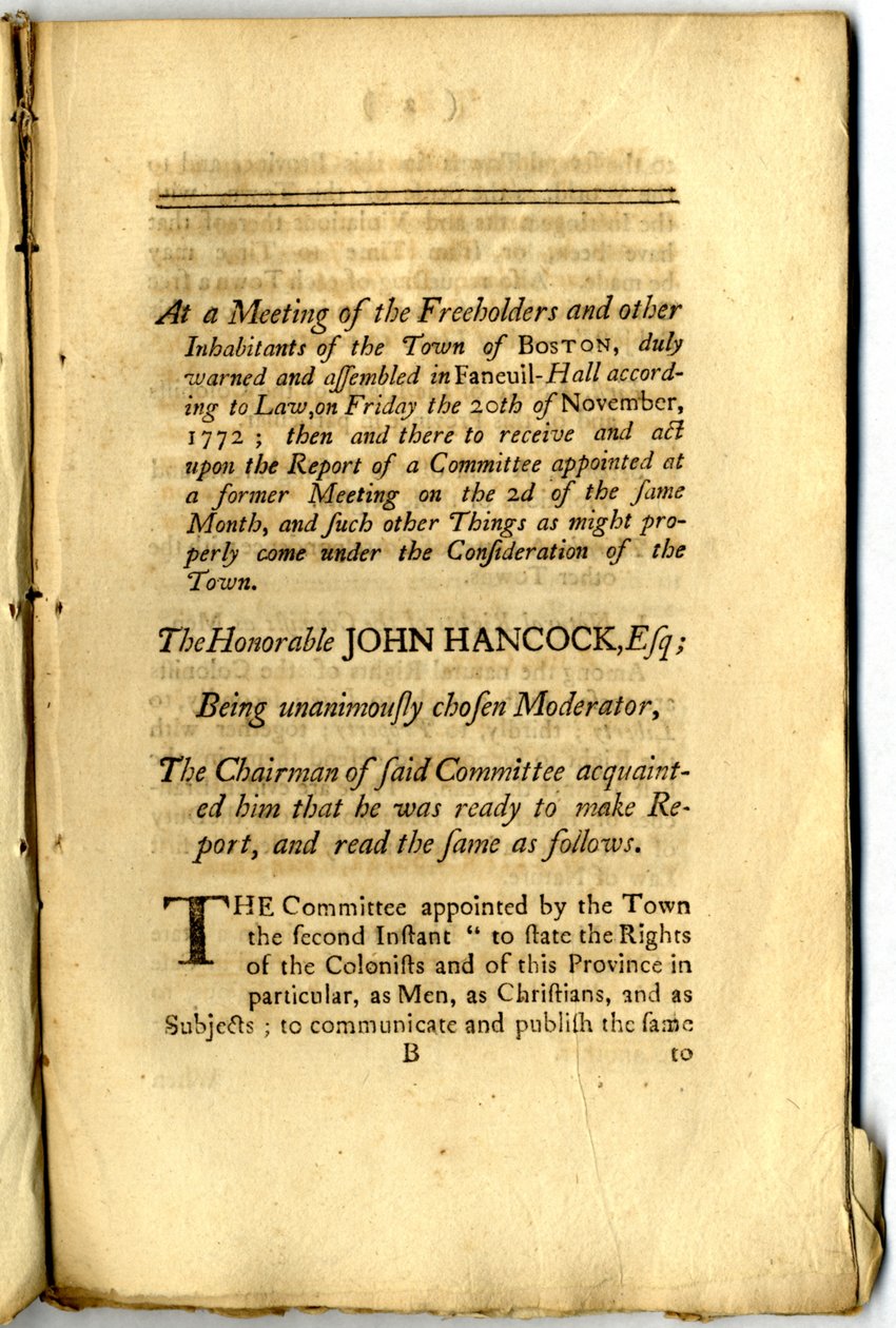 "Boston Pamfletti": Bostonin kaupungin vapaaomistajien ja muiden asukkaiden äänestykset ja menettelyt, Town Meeting Assembled, 1772 tekijältä American School