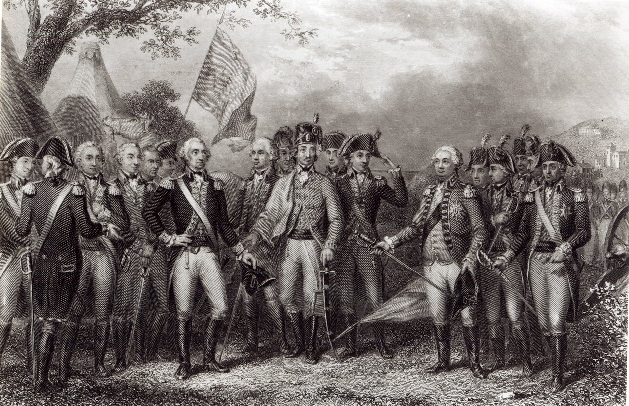 Britit luovuttamassa aseensa kenraali Washingtonille, 19. lokakuuta 1781, kaiverrettu J. Stephenson tekijältä American School