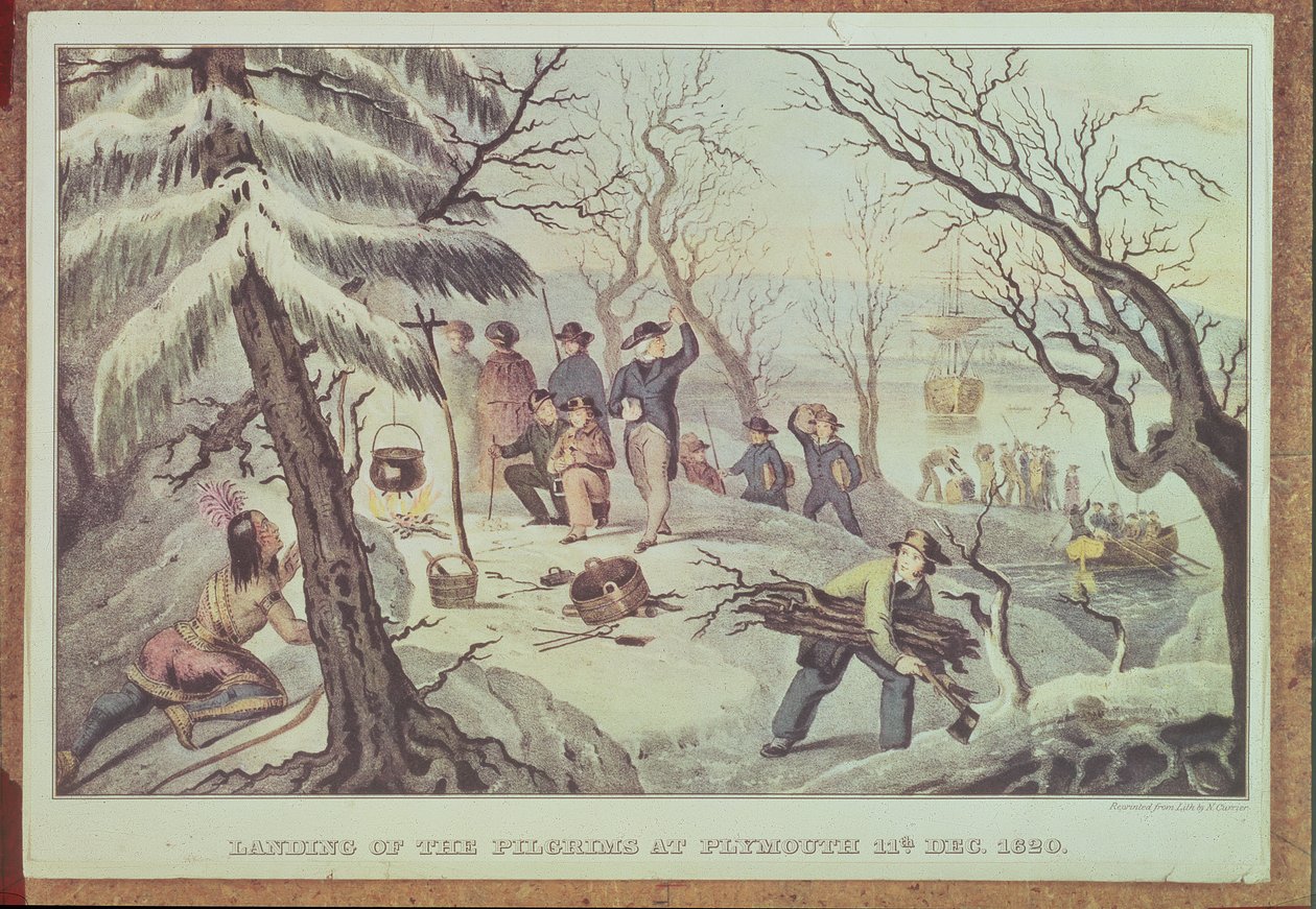 Pyhiinvaeltajien maihinnousu Plymouthissa, 11. joulukuuta 1620, kaiverrus Nathaniel Currier (1813-88) tekijältä American School