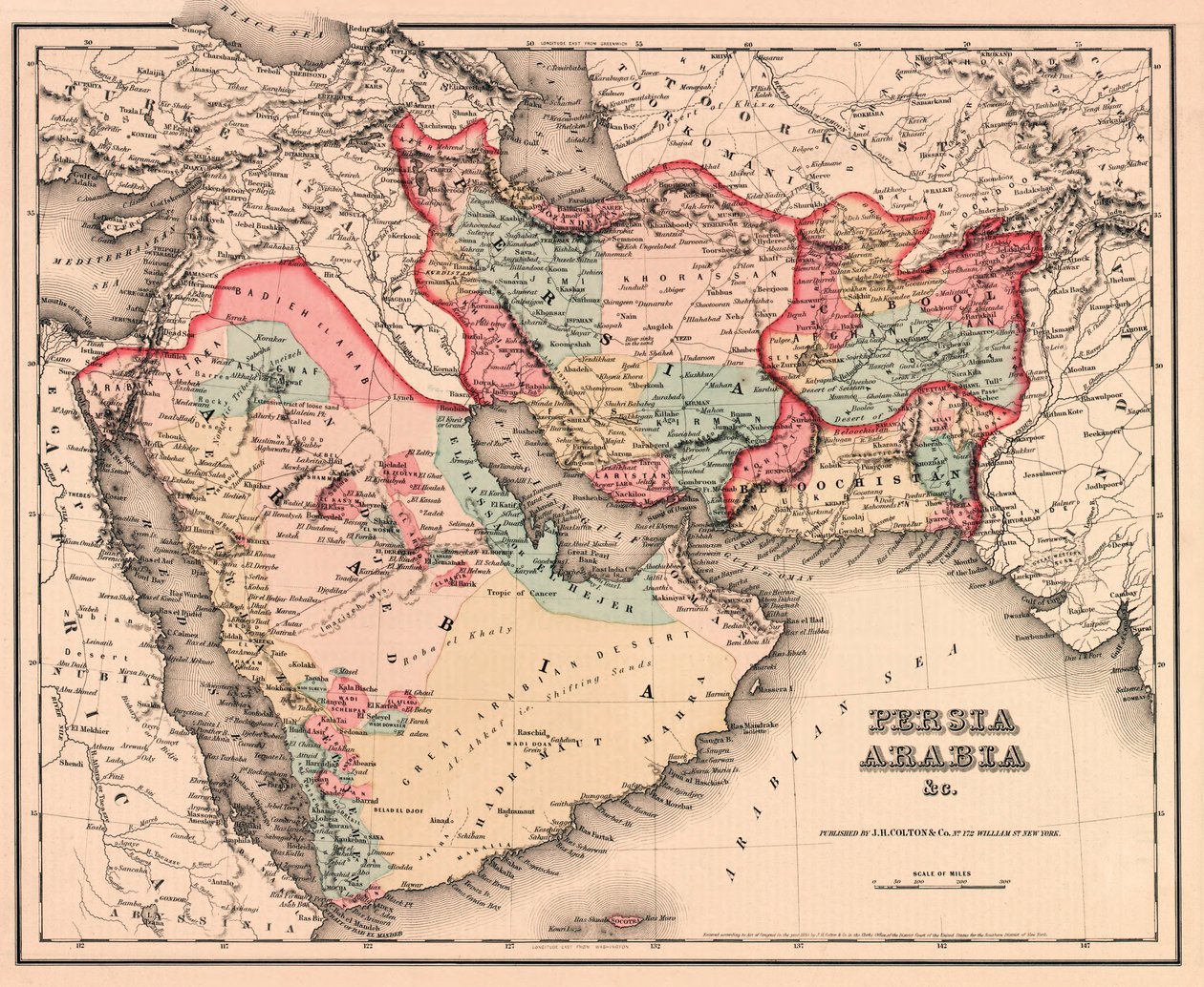 Lähi-itä 1800-luvun puolivälissä, Coltons General Atlas, painos 1857 (käsinvärinen kaiverrus) tekijältä American School