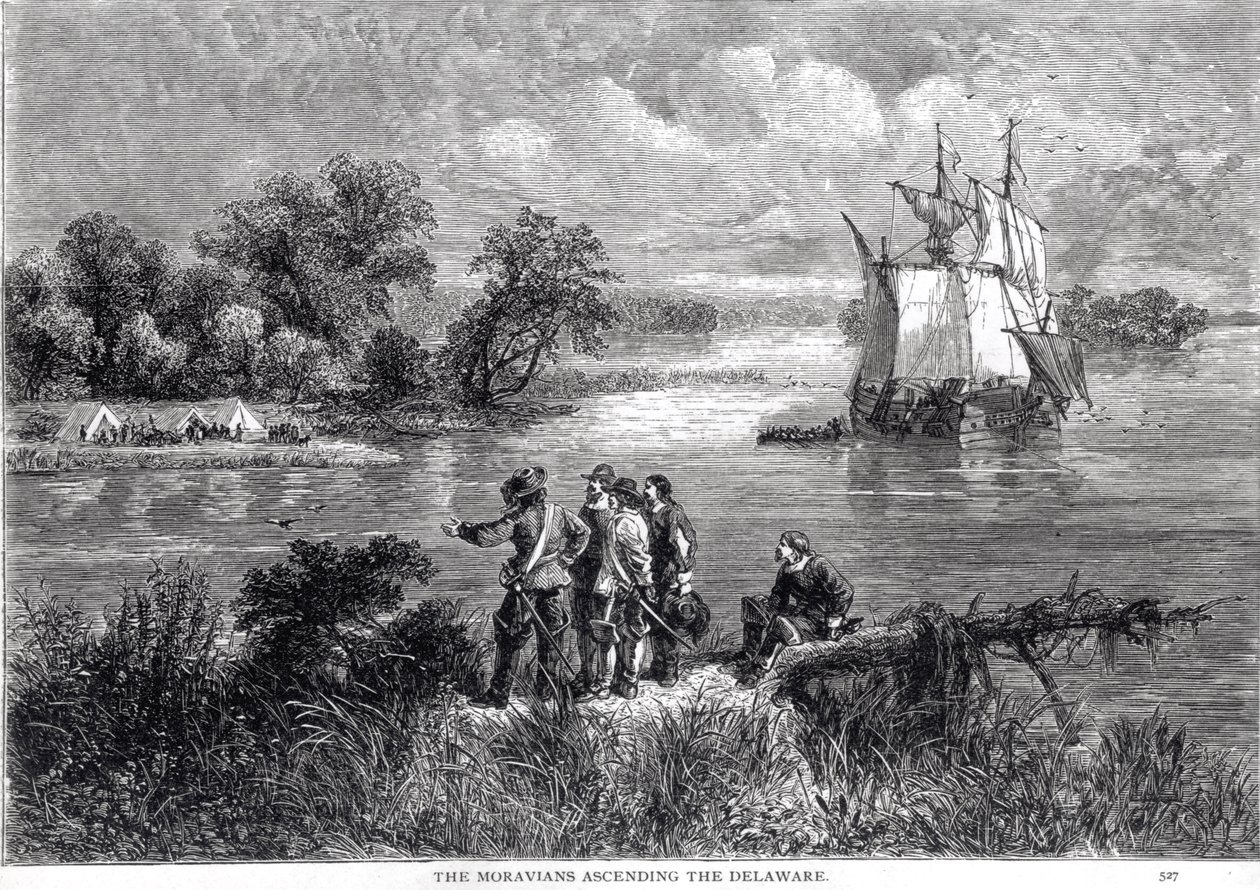 The Moravians Ascending the Delaware, Augustus L. Masonin teoksesta The Romance and Tragedy of Pioneer Life, 1883 tekijältä American School