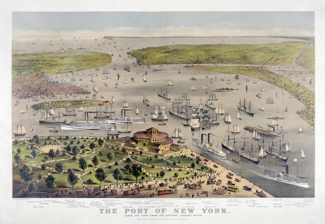 New Yorkin satama: Lintuperspektiivinäkymä akusta, etelään päin, pubi. 1878 (värilitografia) tekijältä American School