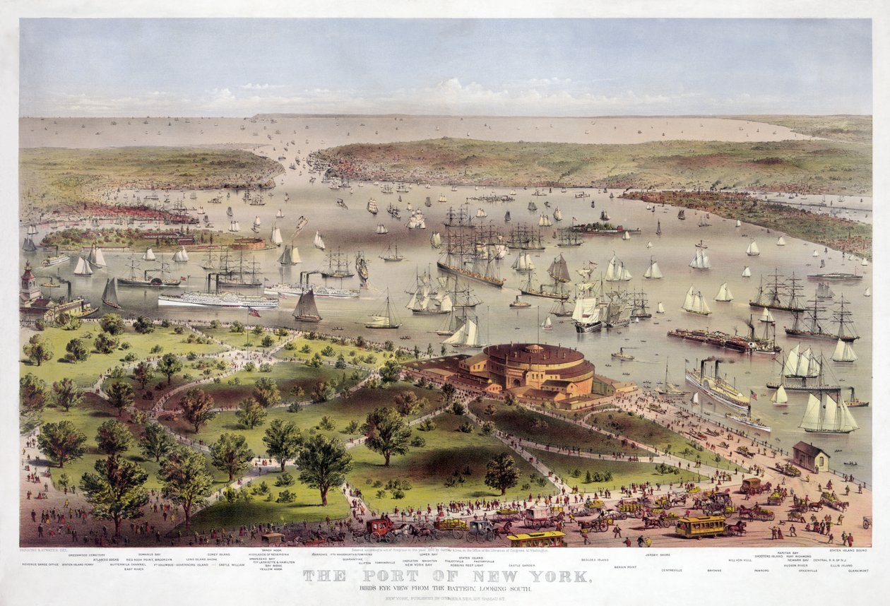 New Yorkin satama: Lintuperspektiivinäkymä akusta, etelään päin, pubi. 1862 (värilitografia) tekijältä American School