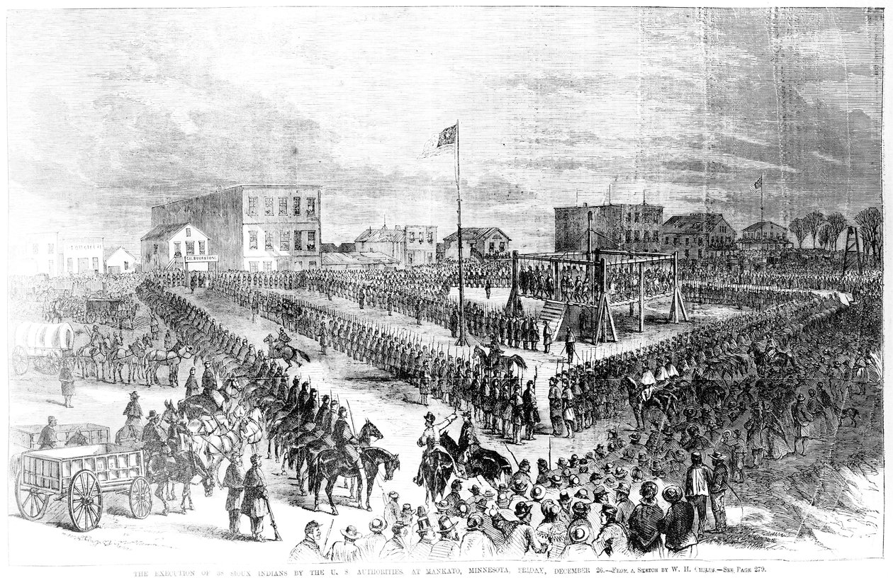 Sioux-intiaanien teloitus Yhdysvaltain viranomaisten toimesta Mankatossa, Minnesotassa perjantaina 26. joulukuuta 1862, Frank Leslies Illustrated Newspaper, 24. tammikuuta 1863 tekijältä American School