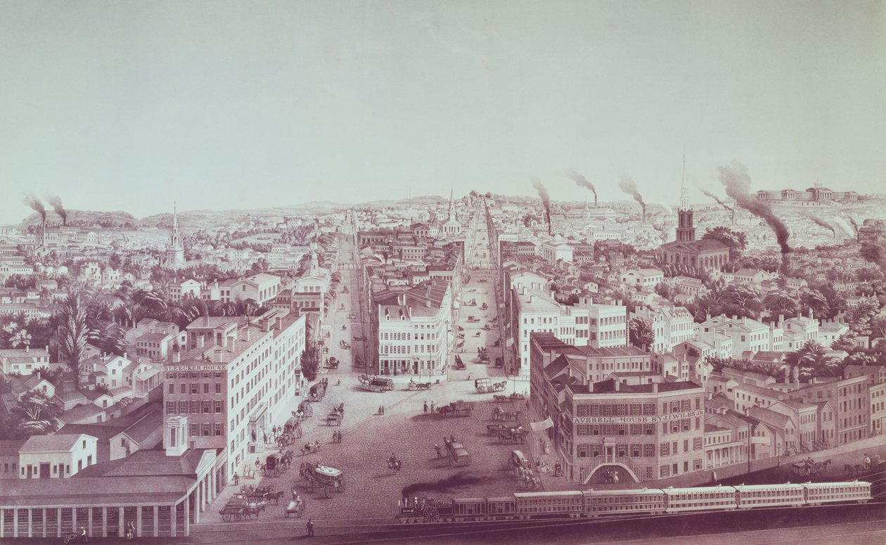 Näkymä Utica Citystä, New Yorkin osavaltiosta, kaiverrettu D.W. Tunnelmallinen pubi. kirjoittanut F. Michelin, n. 1850 tekijältä American School