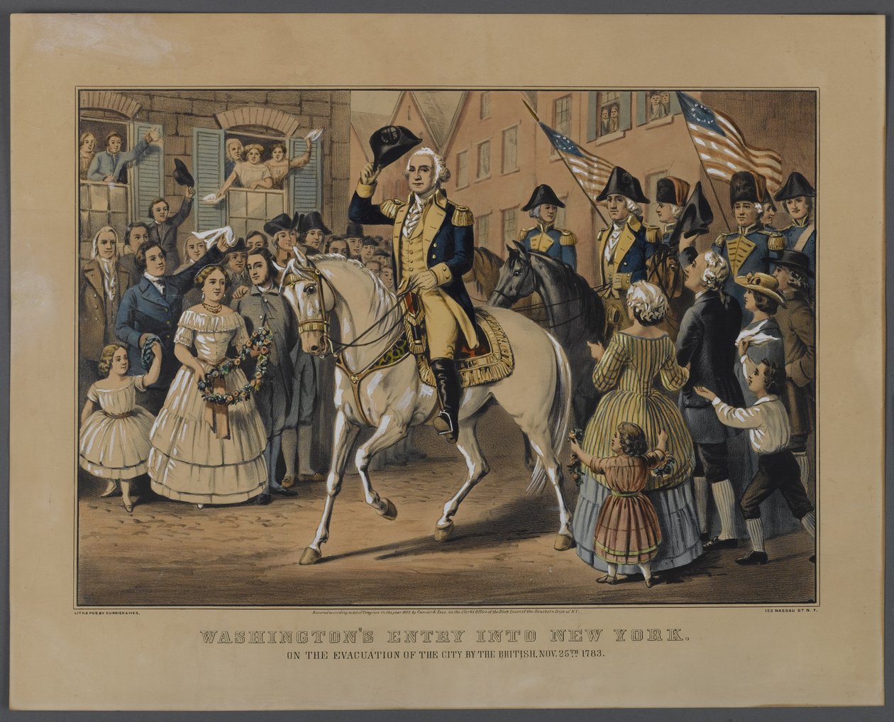 Washingtons Entry into New York, julkaisija Currier & Ives, New York, 1857 (käsinvärinen lito) tekijältä American School