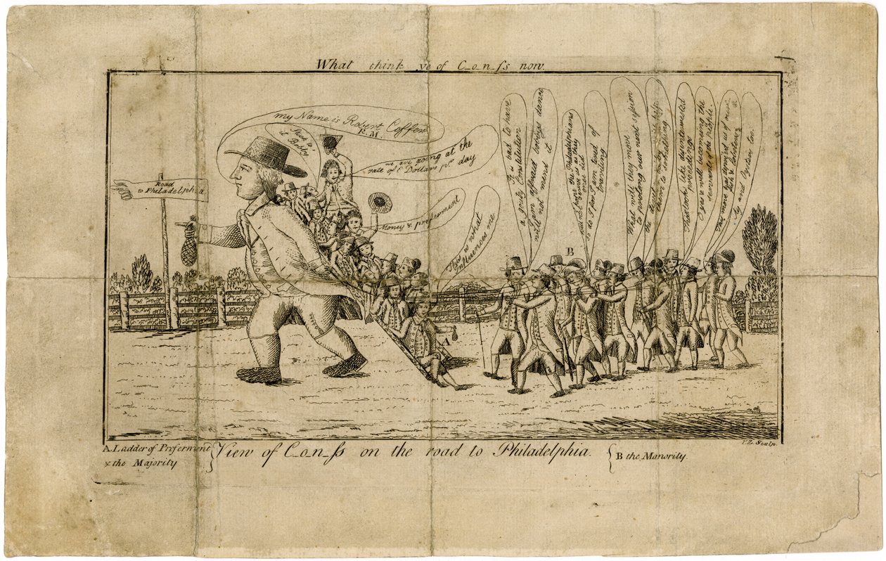 Mitä mieltä olette kongressista nyt? Näkymä kongressista Philadelphiaan johtavalla tiellä A. Ladder of Preferment & the Majority -B. kartano, 1790 tekijältä American School