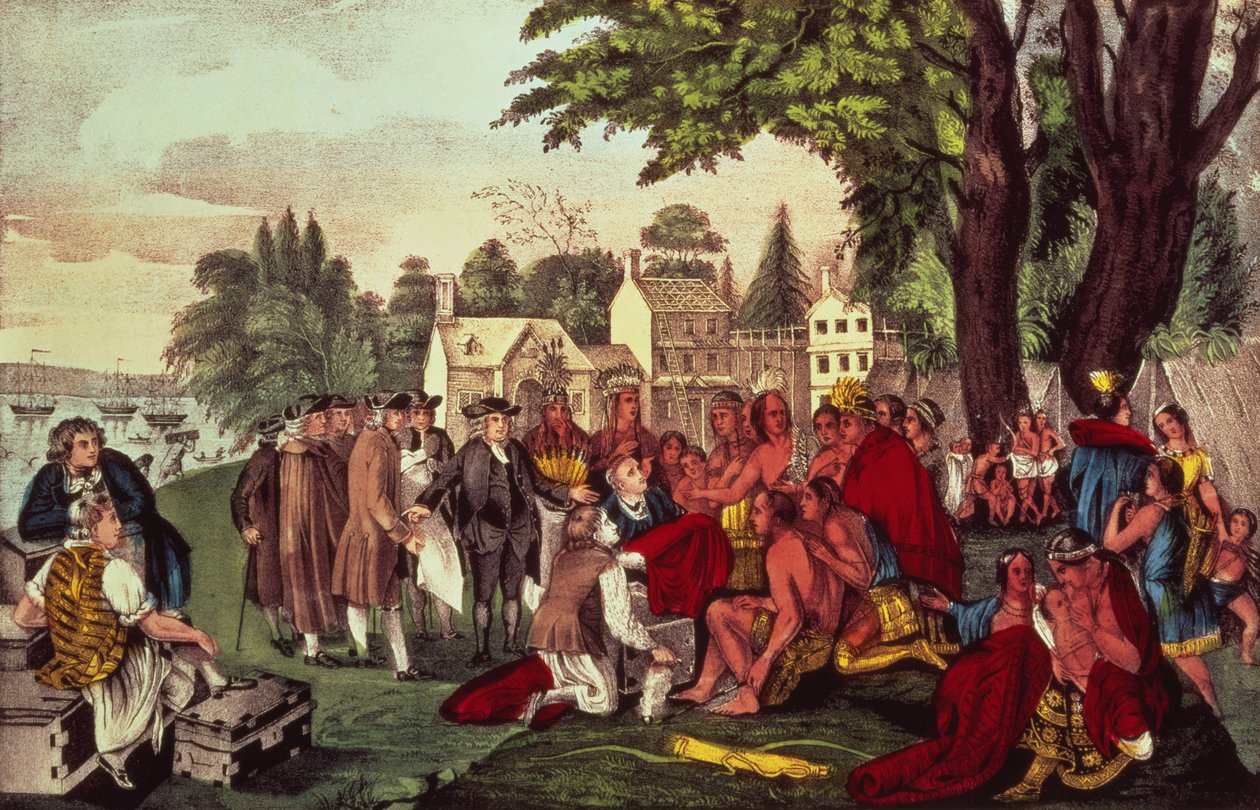 William Pennin sopimus intiaanien kanssa, kun hän perusti Pennsylvanian maakunnan, 1661, pub. kirjoittanut Currier und Ives tekijältä American School