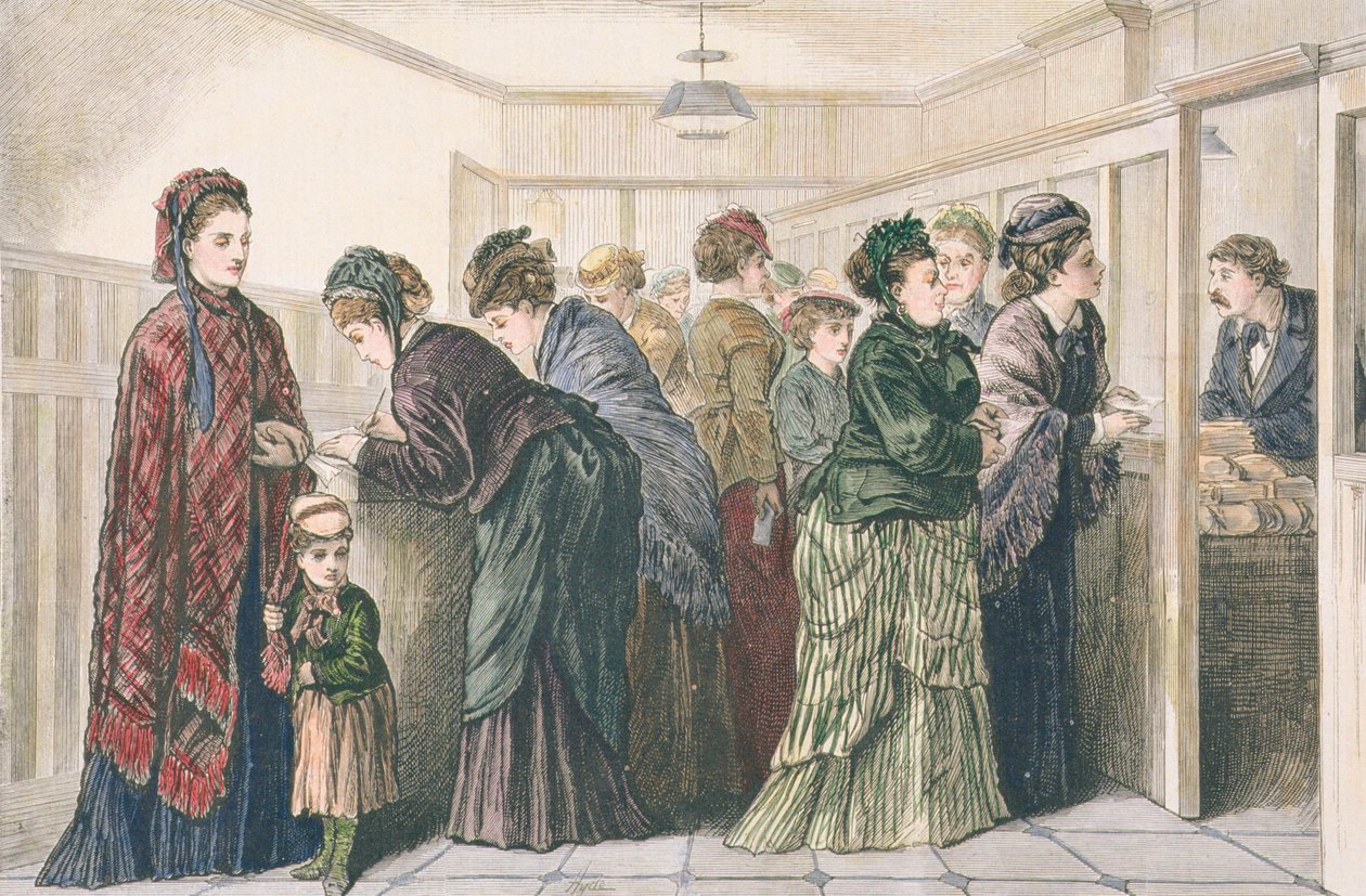 Naiset sanomalehtitoimistossa laittamassa työilmoituksia, New York, 1874 tekijältä American School