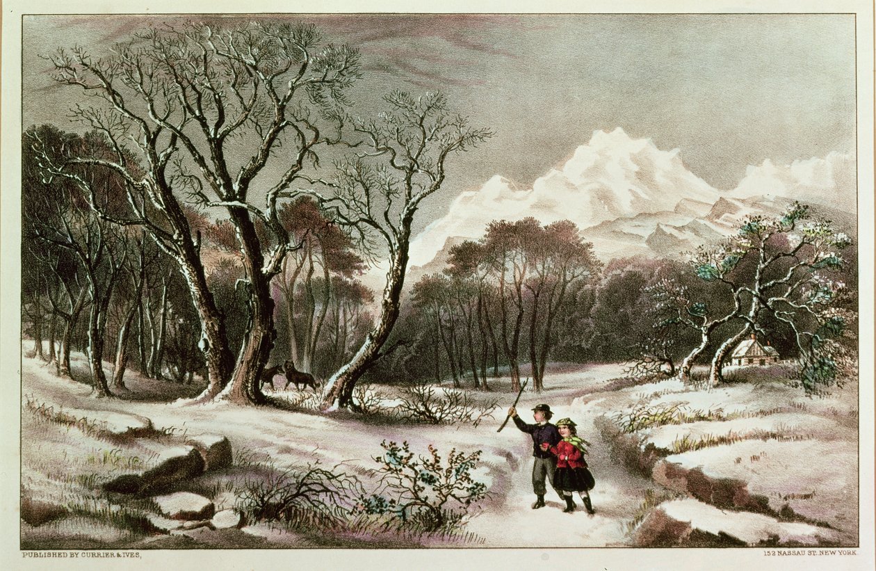 Woodlands in Winter, julkaisijat Nathaniel Currier (1813-88) ja James Merritt Ives (1924-95) tekijältä American School