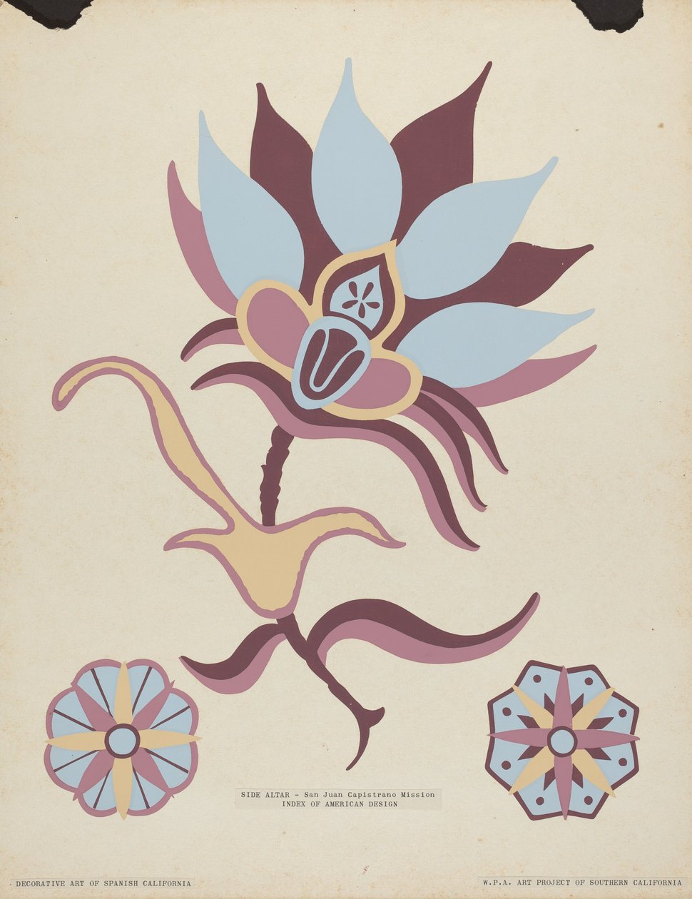 San Juan Capistrano Mission -sivualttari portfoliosta "Decorative Art of Spanish California" tekijältä American 20th Century