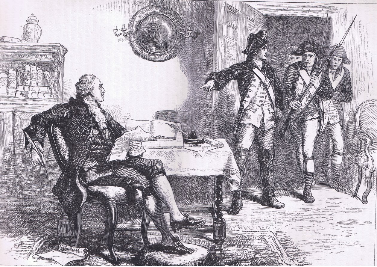William Franklinin pidätys, kuvitus Cassells History of the United Statessta, julkaisija Cassell, Petter & Galpin, n. 1900 (litho) tekijältä American English school